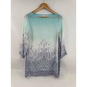 J. Jill Tunic Top Aqua Blue Ombre Paisley Semi Sheer Voile 3/4 Sleeve Size M